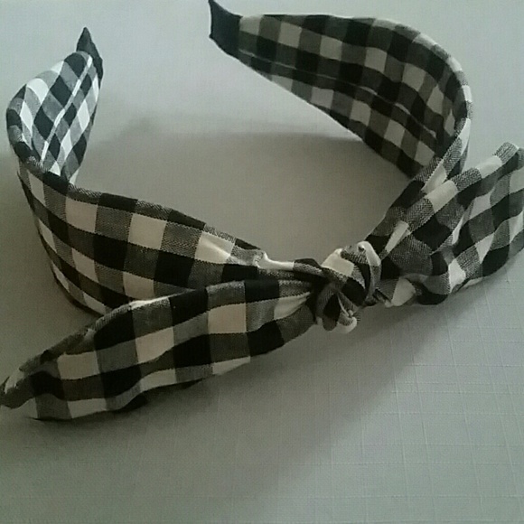 Black White Gingham Print Fabric Headband with Bow - Picture 3 of 6